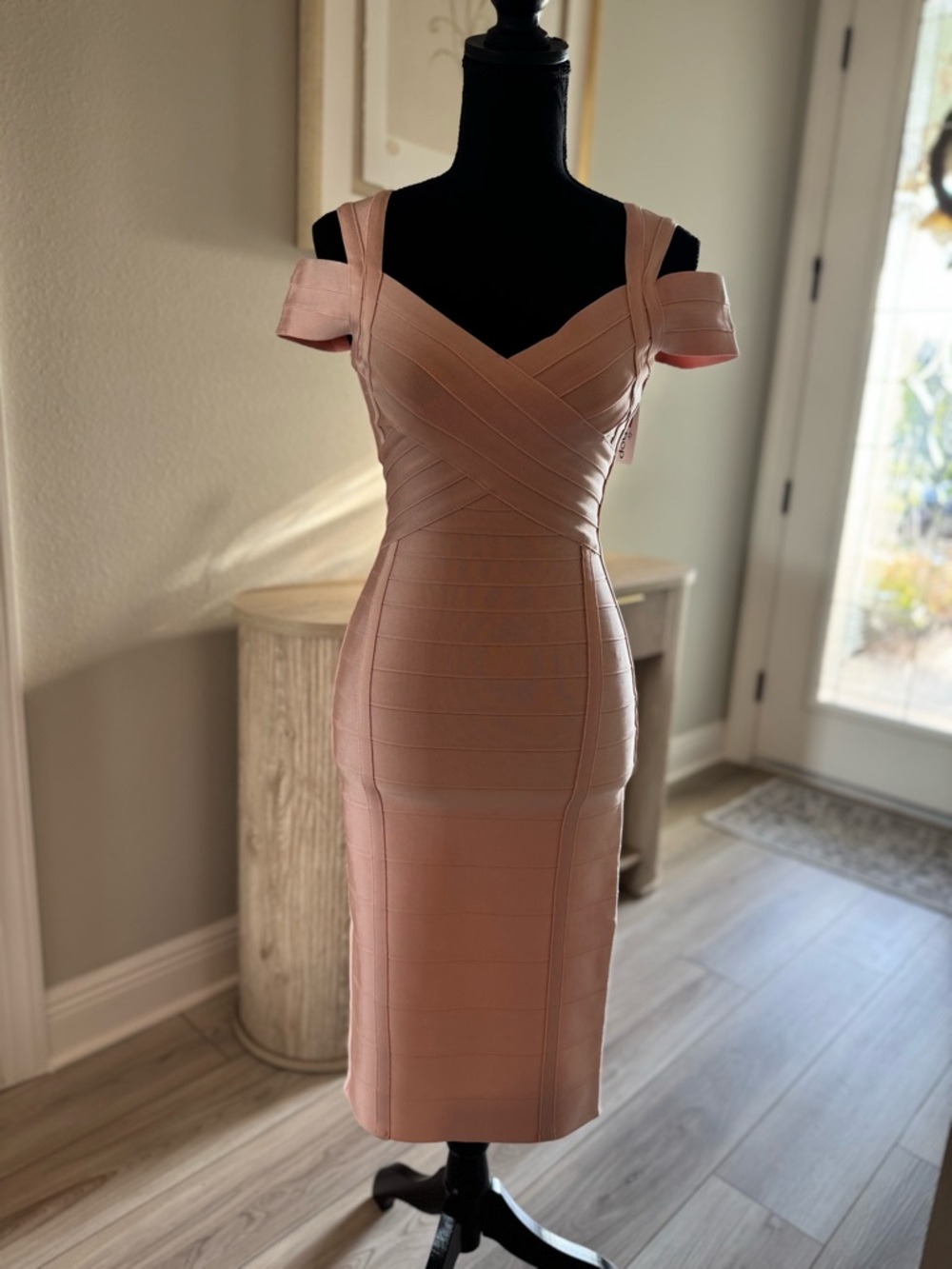 Blush Pink Off-Shoulder Bandage Midi Dress